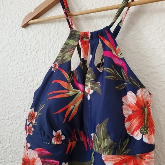 Kona Sol Navy Floral Keyhole Strap One Piece - Picture 2 of 6